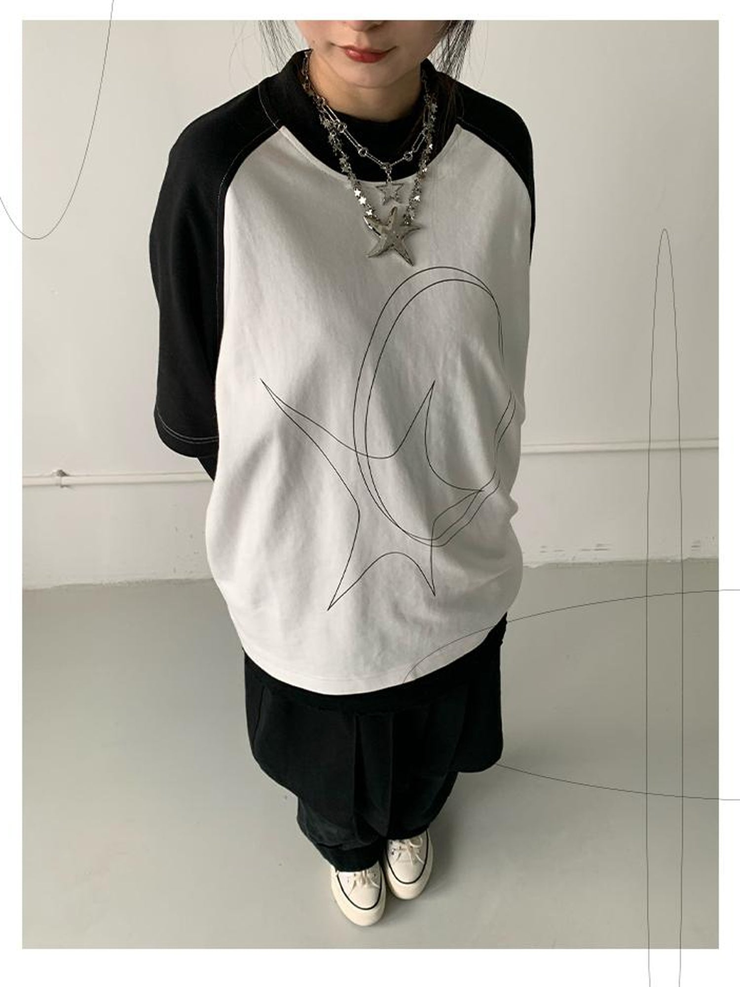 innomoood Star Zero Line Print Slub T-shirt Long Short Sleeve Raglan