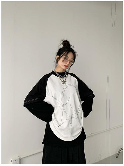 innomoood Star Zero Line Print Slub T-shirt Long Short Sleeve Raglan