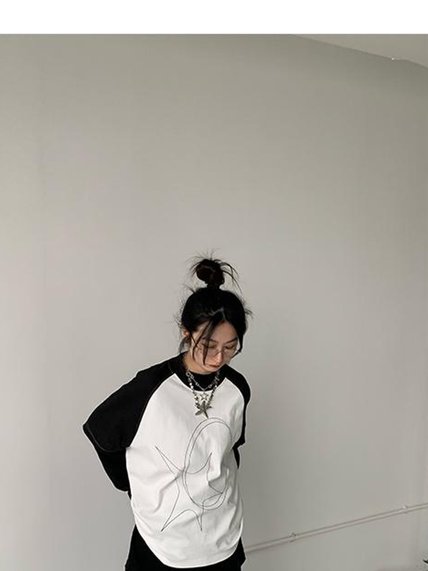 innomoood Star Zero Line Print Slub T-shirt Long Short Sleeve Raglan