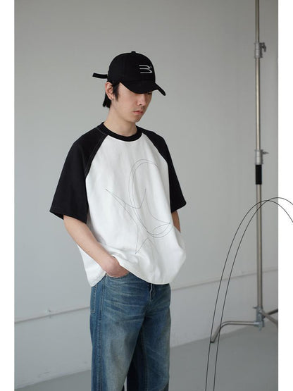 innomoood Star Zero Line Print Slub T-shirt Long Short Sleeve Raglan