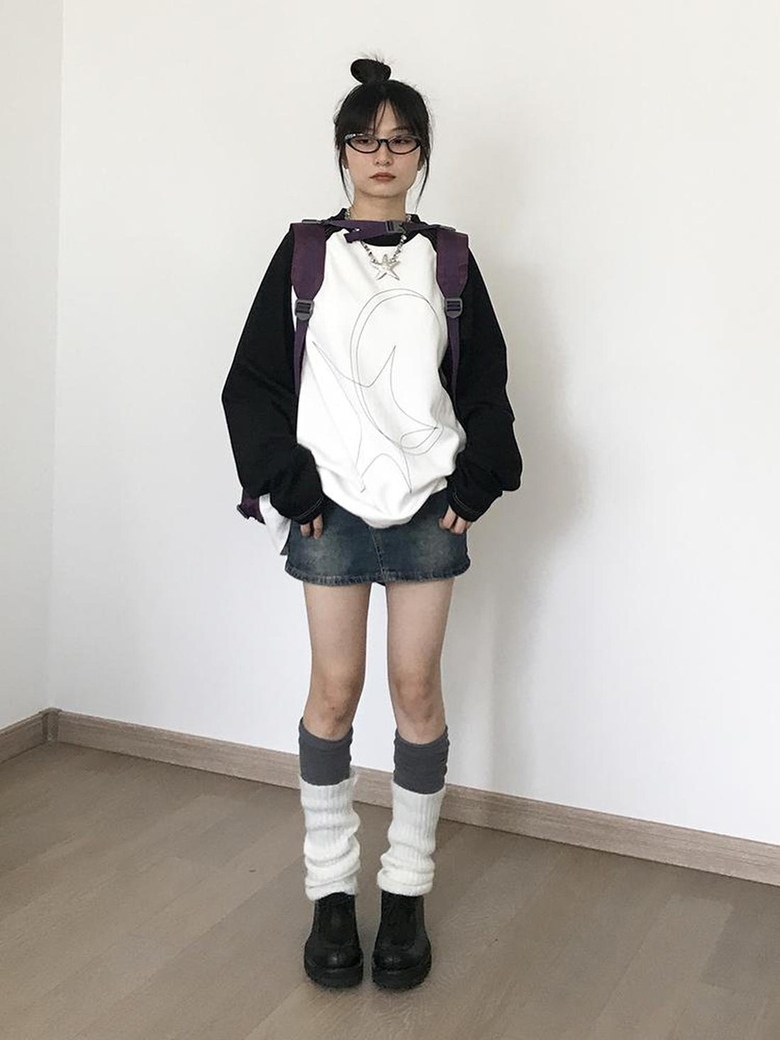 innomoood Star Zero Line Print Slub T-shirt Long Short Sleeve Raglan