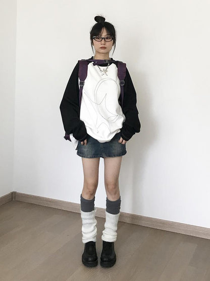 innomoood Star Zero Line Print Slub T-shirt Long Short Sleeve Raglan