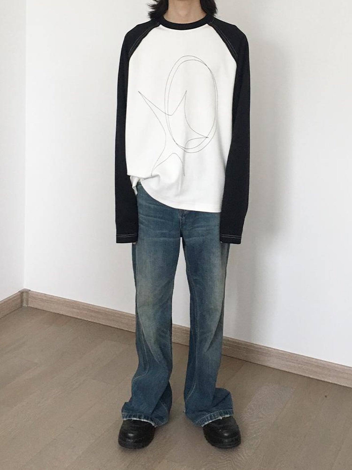 innomoood Star Zero Line Print Slub T-shirt Long Short Sleeve Raglan