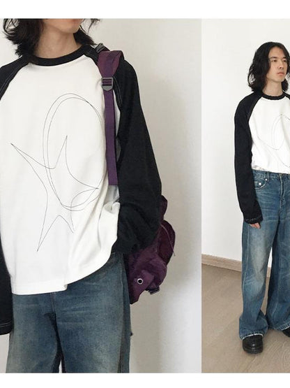 innomoood Star Zero Line Print Slub T-shirt Long Short Sleeve Raglan