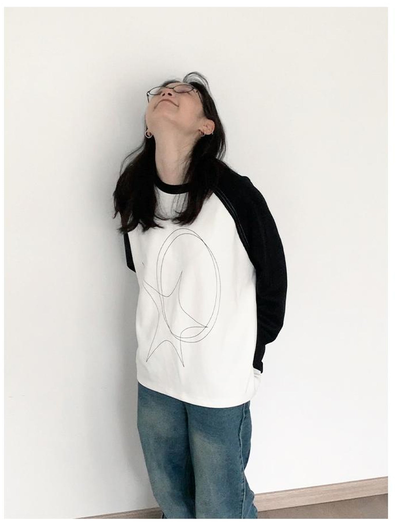 innomoood Star Zero Line Print Slub T-shirt Long Short Sleeve Raglan
