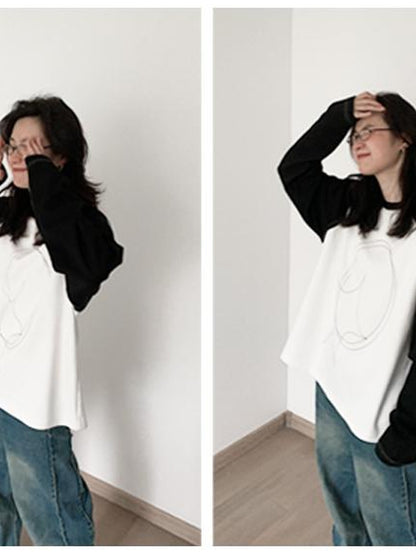 innomoood Star Zero Line Print Slub T-shirt Long Short Sleeve Raglan