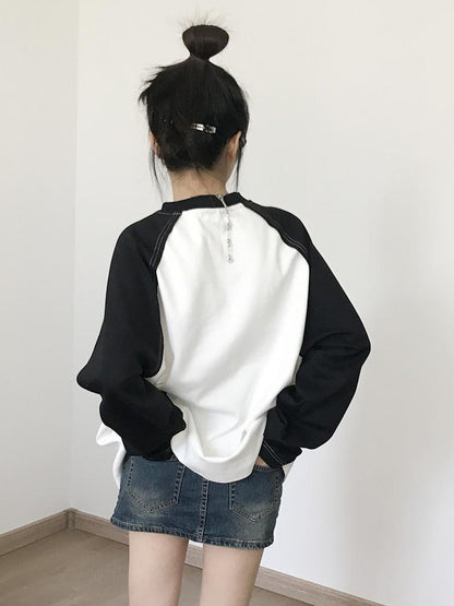 innomoood Star Zero Line Print Slub T-shirt Long Short Sleeve Raglan