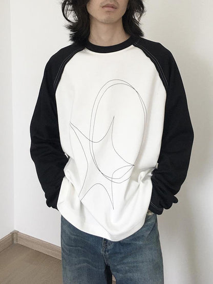 innomoood Star Zero Line Print Slub T-shirt Long Short Sleeve Raglan