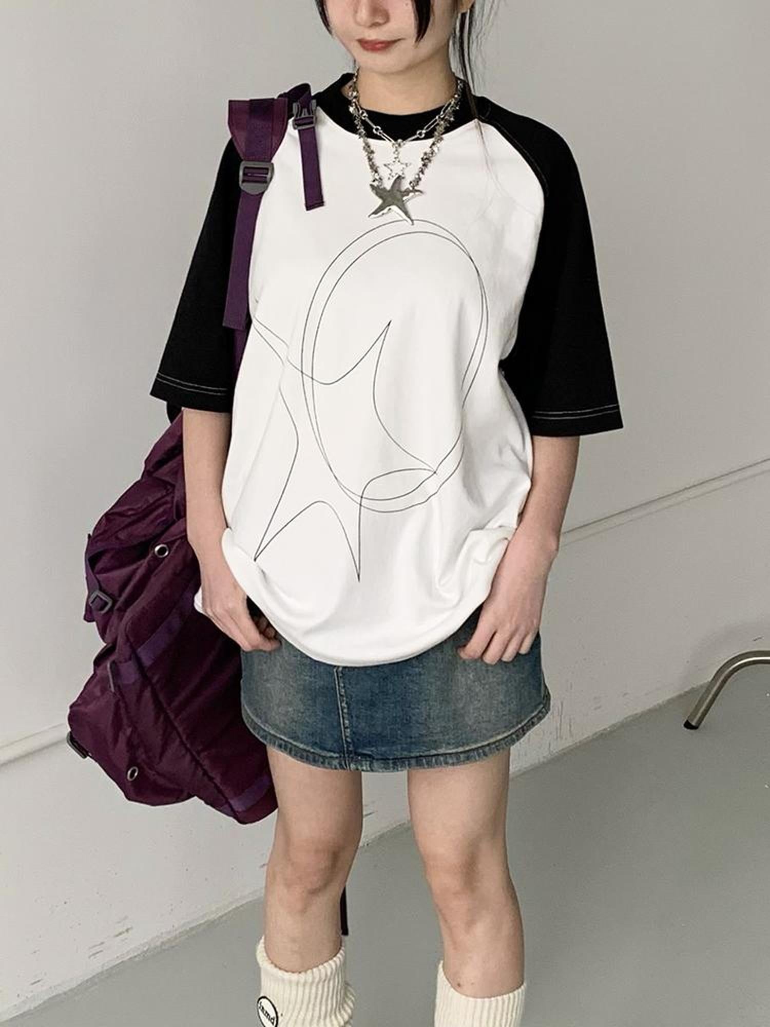 innomoood Star Zero Line Print Slub T-shirt Long Short Sleeve Raglan