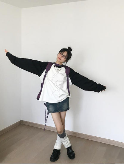 innomoood Star Zero Line Print Slub T-shirt Long Short Sleeve Raglan