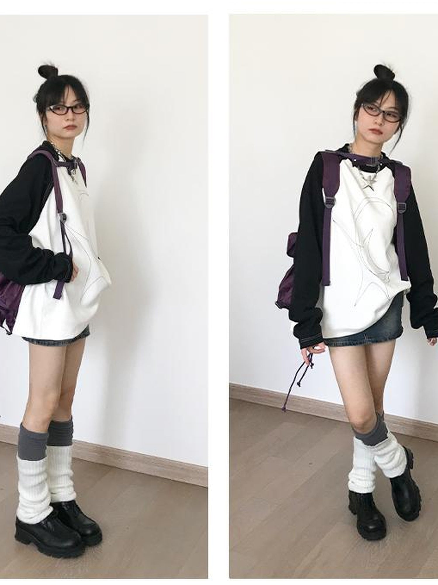 innomoood Star Zero Line Print Slub T-shirt Long Short Sleeve Raglan