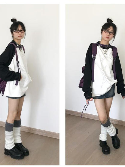 innomoood Star Zero Line Print Slub T-shirt Long Short Sleeve Raglan