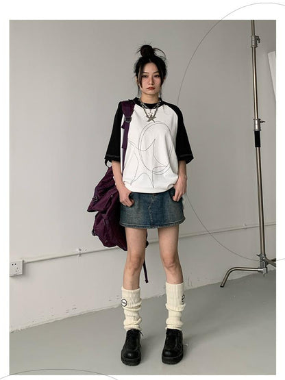 innomoood Star Zero Line Print Slub T-shirt Long Short Sleeve Raglan