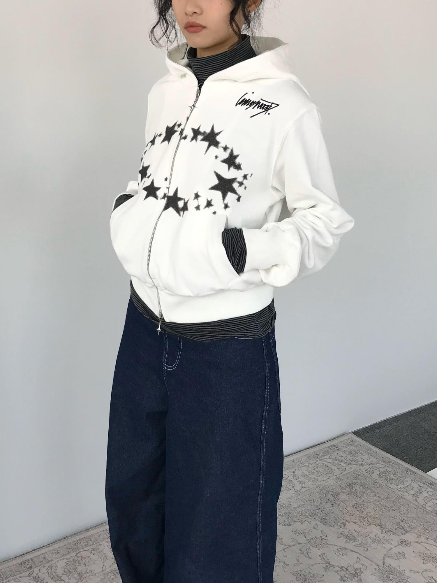 innomoood Starring Dirty Hoodie Print Cardigan