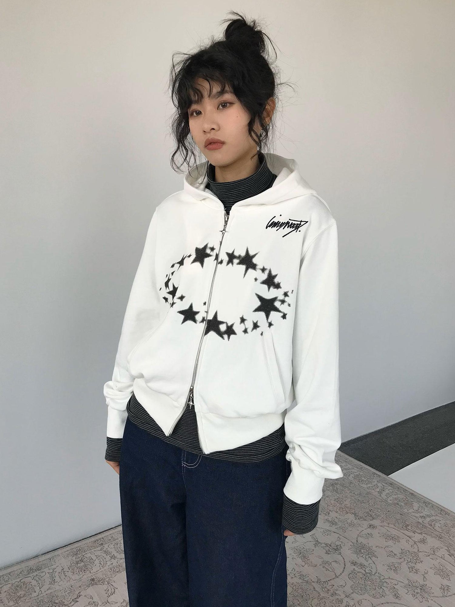 innomoood Starring Dirty Hoodie Print Cardigan