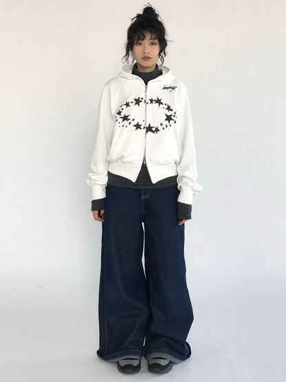 innomoood Starring Dirty Hoodie Print Cardigan