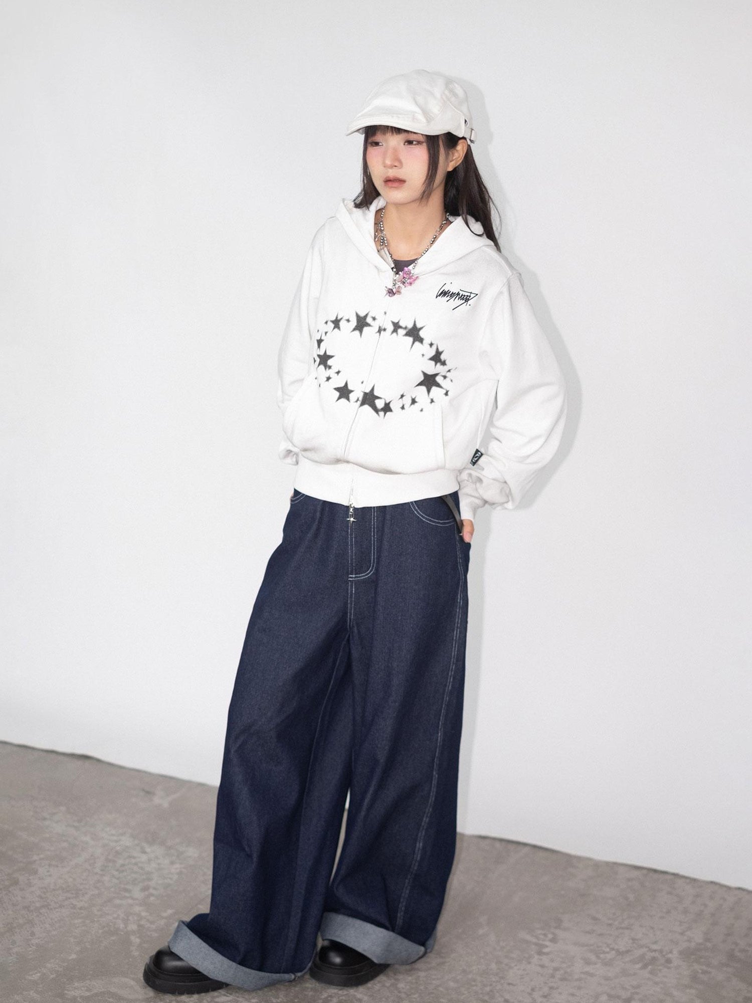 innomoood Starring Dirty Hoodie Print Cardigan