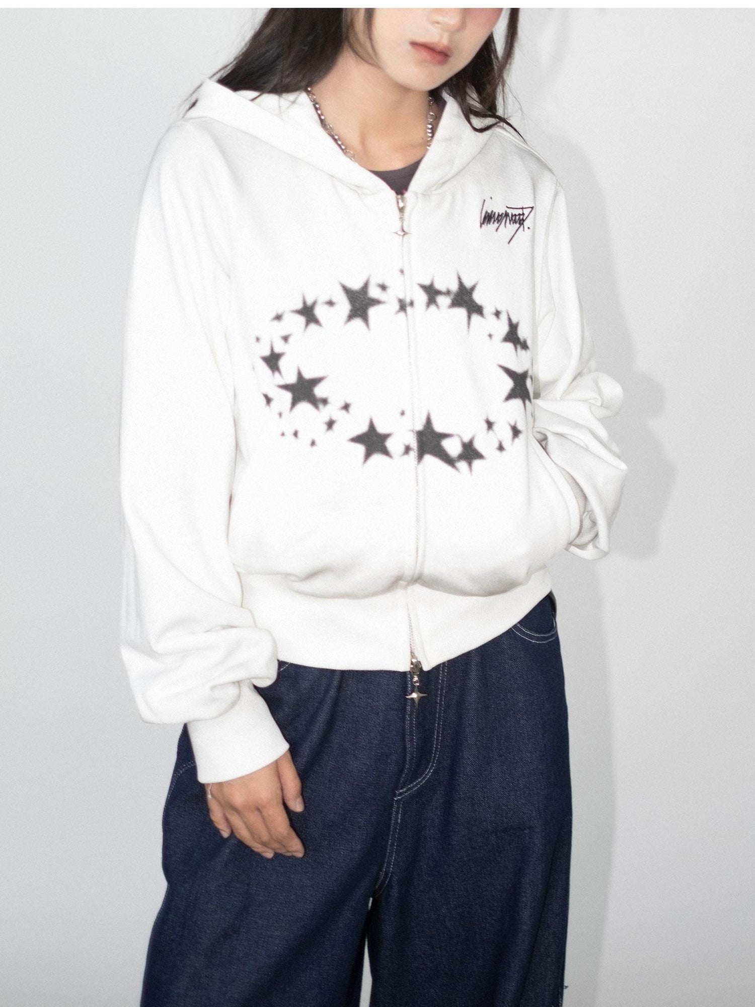 innomoood Starring Dirty Hoodie Print Cardigan