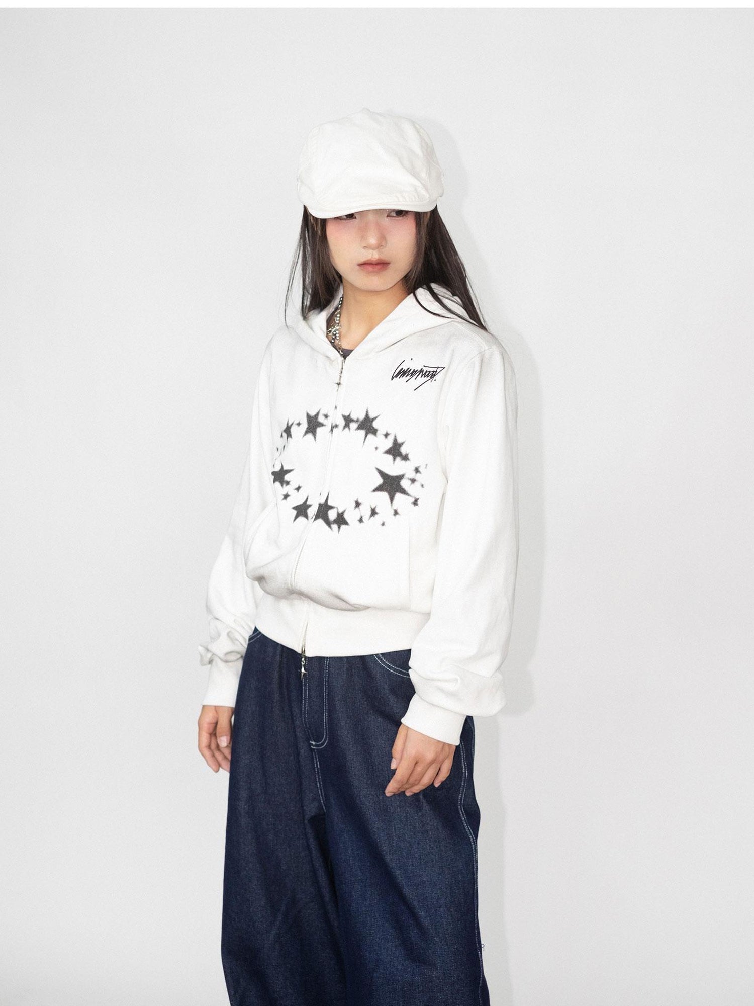 innomoood Starring Dirty Hoodie Print Cardigan