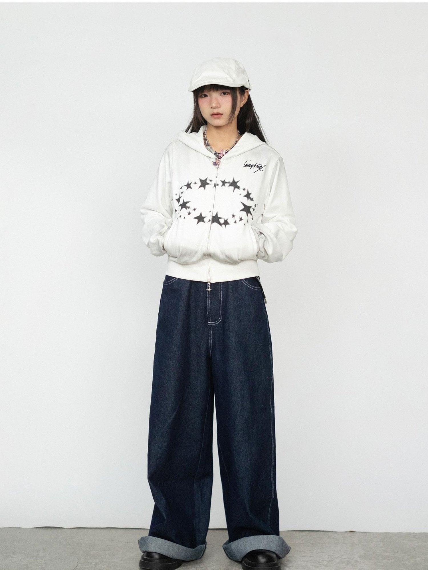 innomoood Starring Dirty Hoodie Print Cardigan