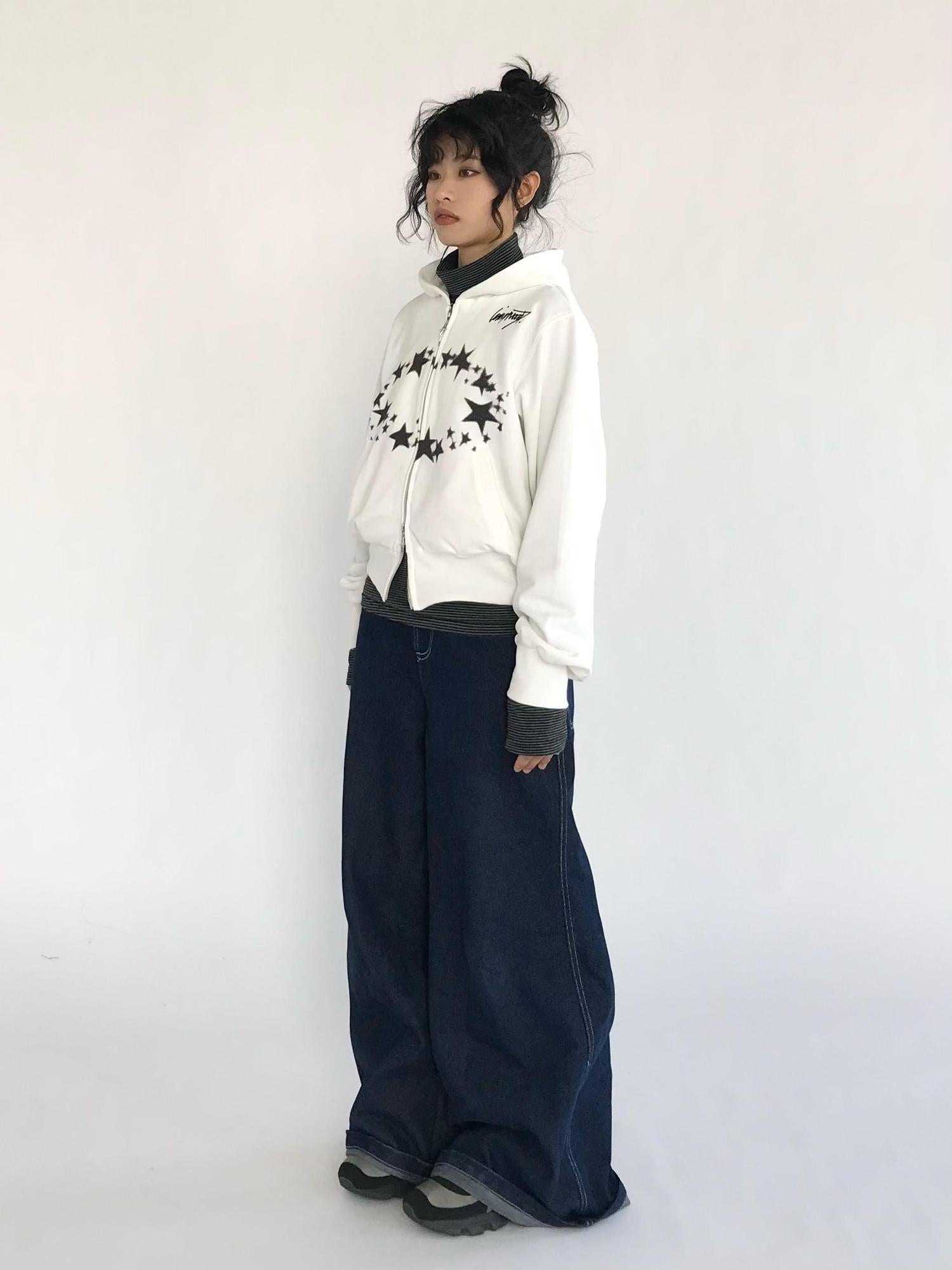 innomoood Starring Dirty Hoodie Print Cardigan