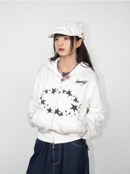 innomoood Starring Dirty Hoodie Print Cardigan