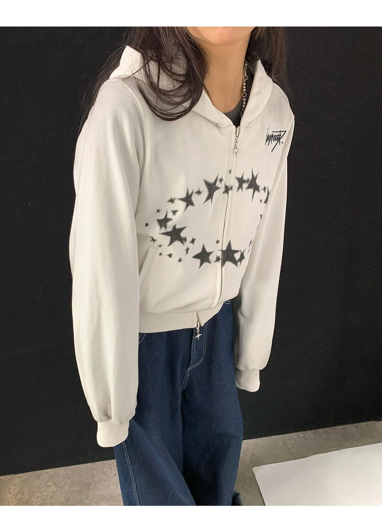 innomoood Starring Dirty Hoodie Print Cardigan