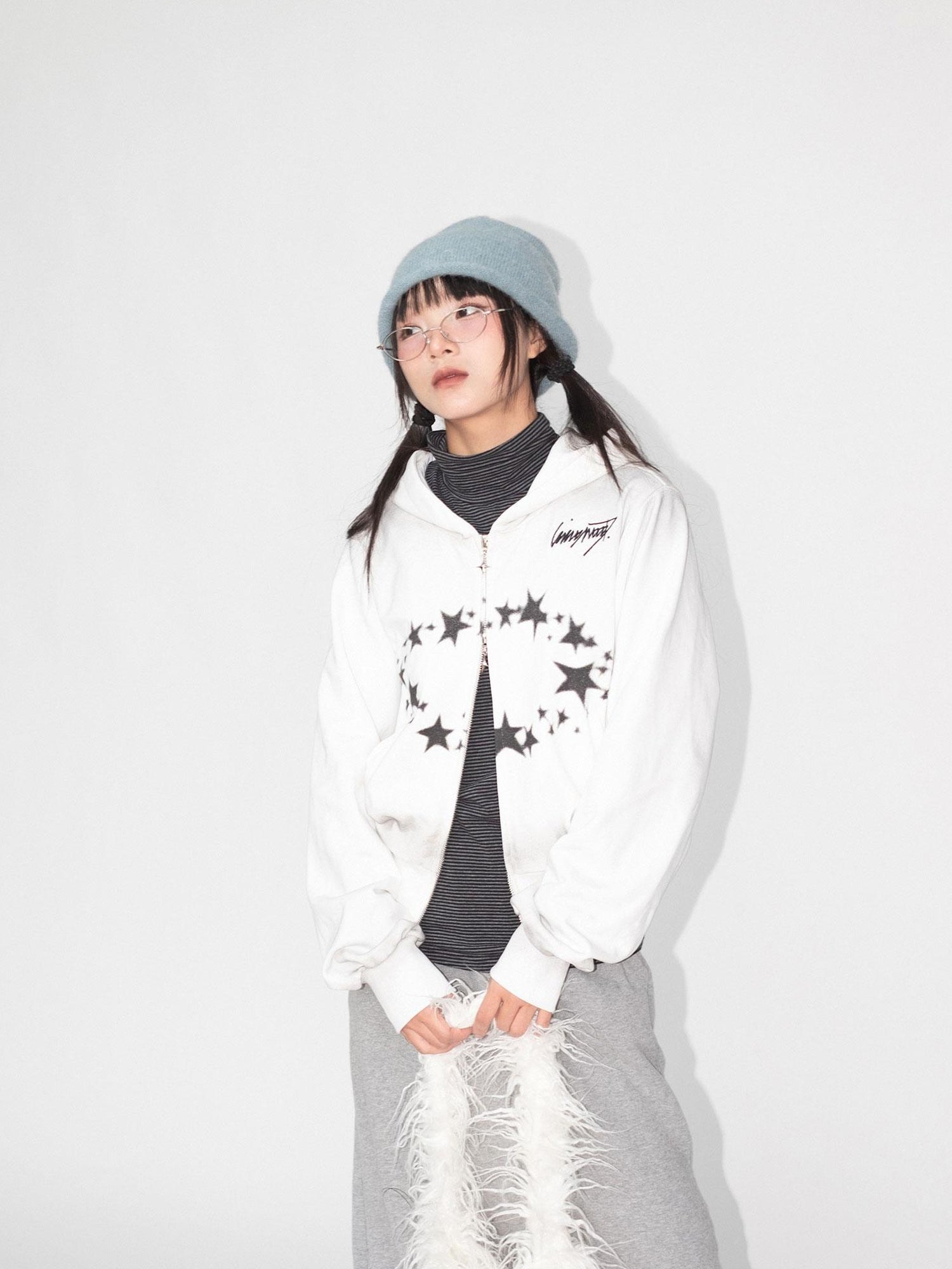 innomoood Starring Dirty Hoodie Print Cardigan
