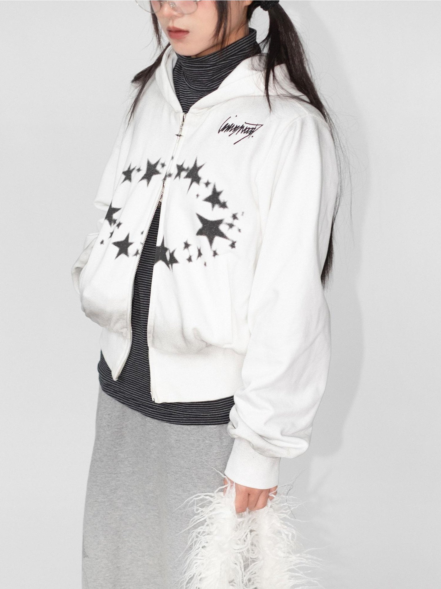 innomoood Starring Dirty Hoodie Print Cardigan