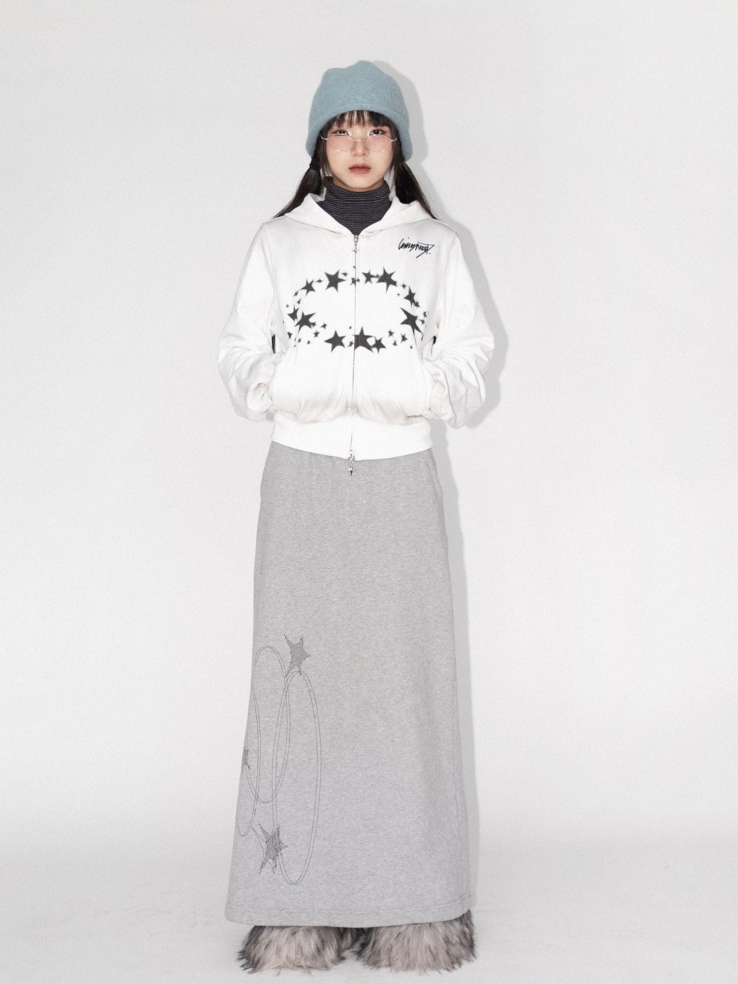 innomoood Starring Dirty Hoodie Print Cardigan