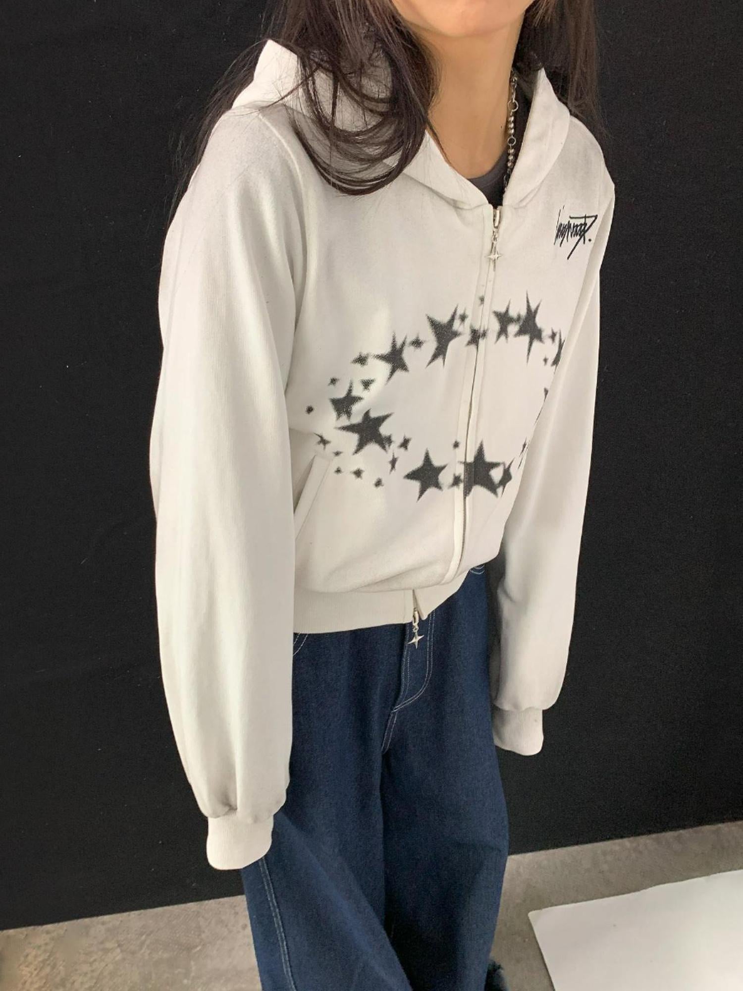 innomoood Starring Dirty Hoodie Print Cardigan