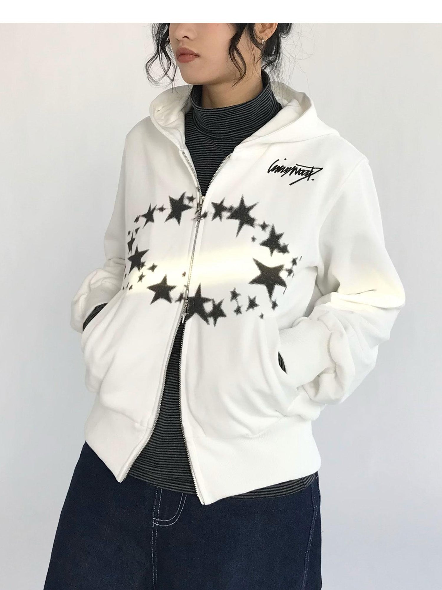 innomoood Starring Dirty Hoodie Print Cardigan