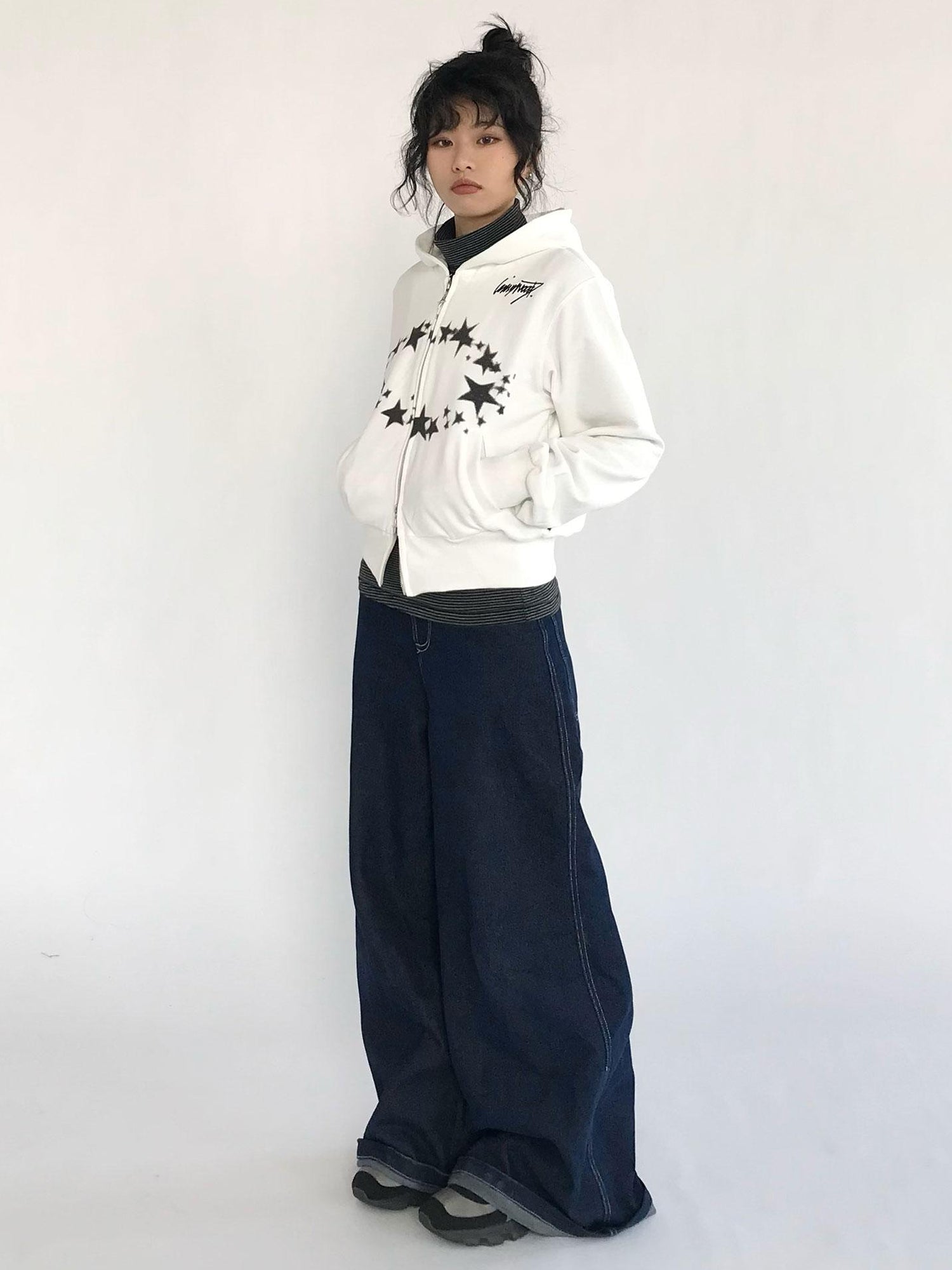 innomoood Starring Dirty Hoodie Print Cardigan