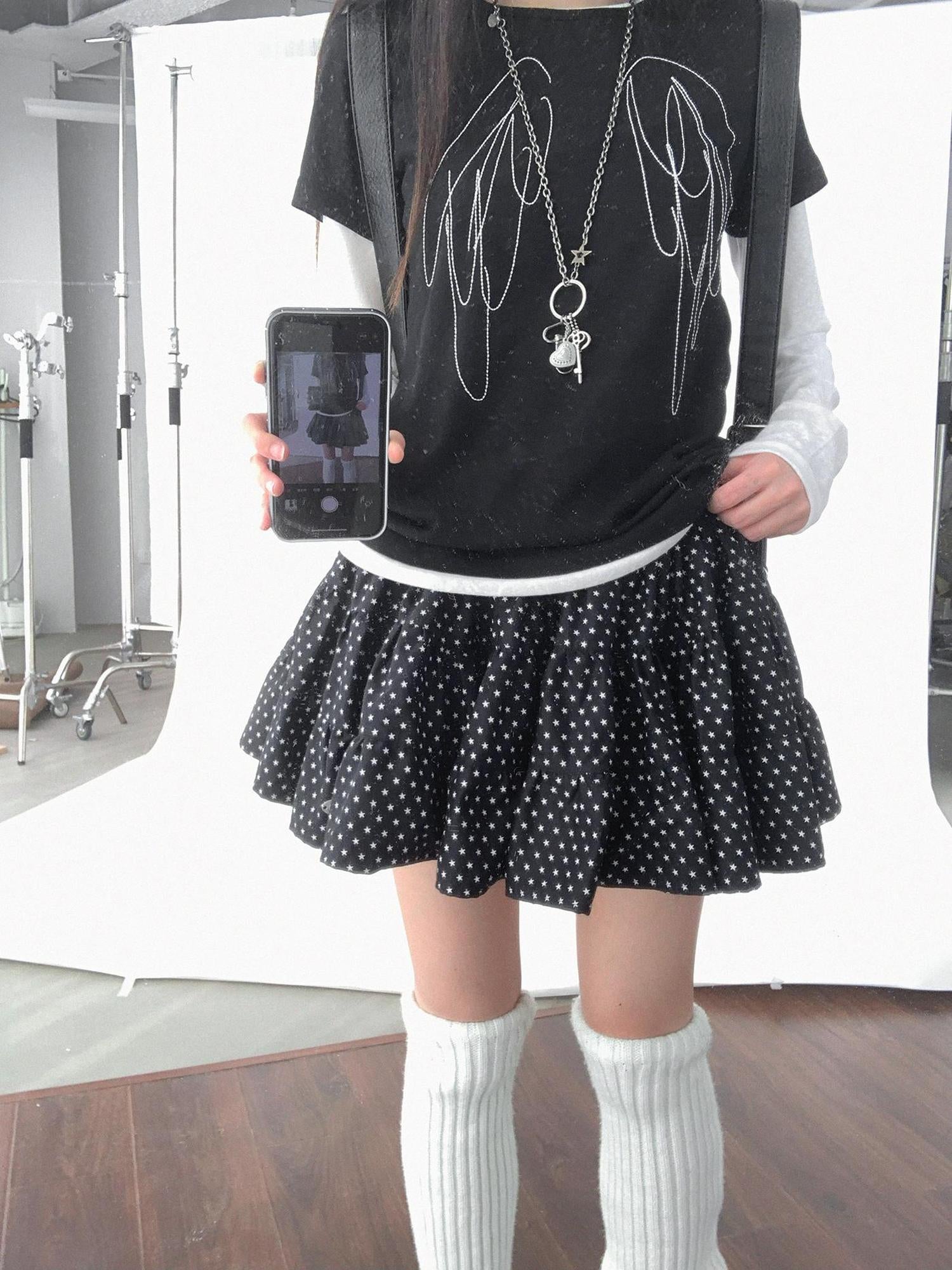 innomoood Starry Dot Print Tiered Tulle Skirt