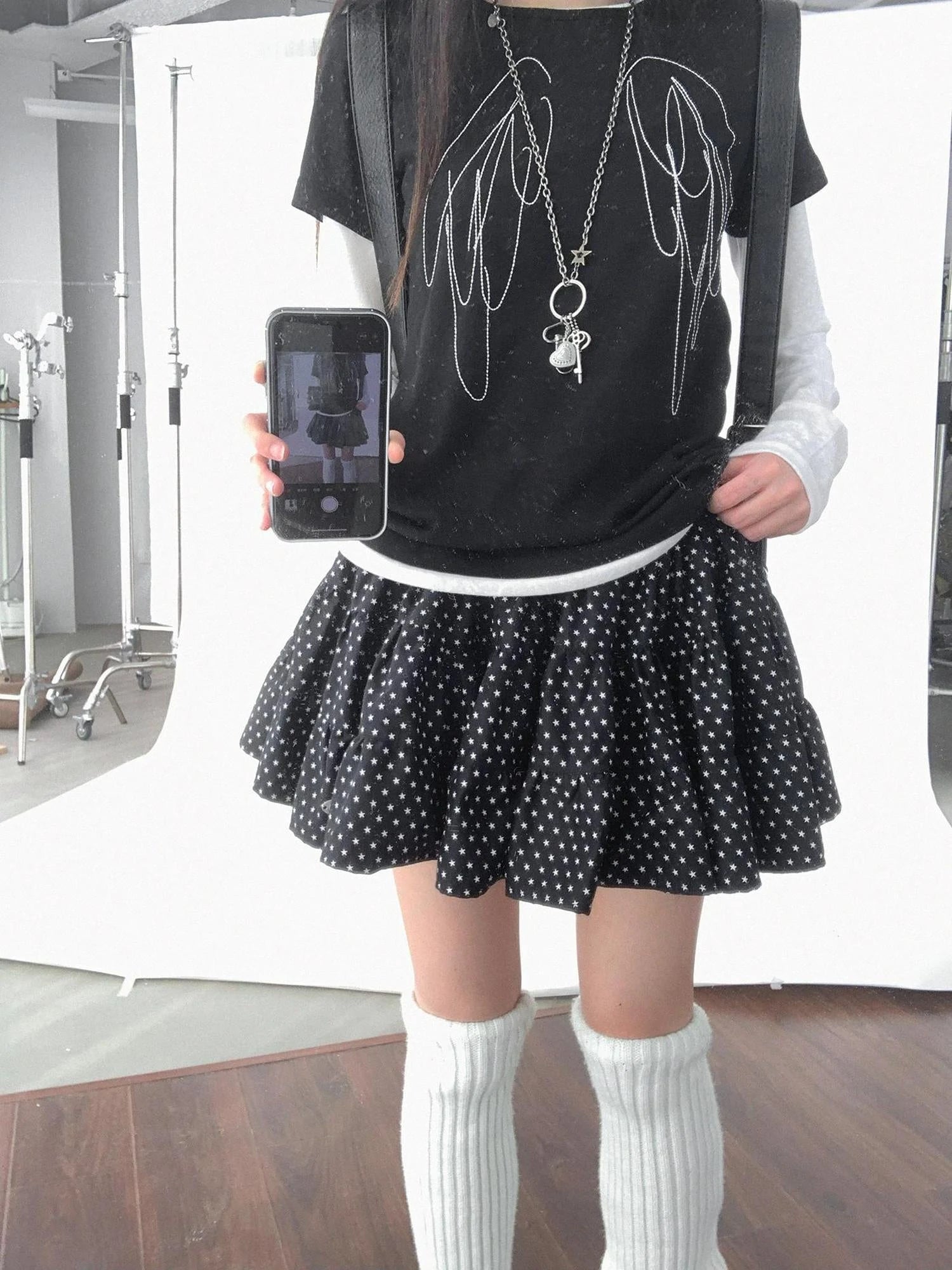 Starry Dot Print Tiered Tulle Skirt