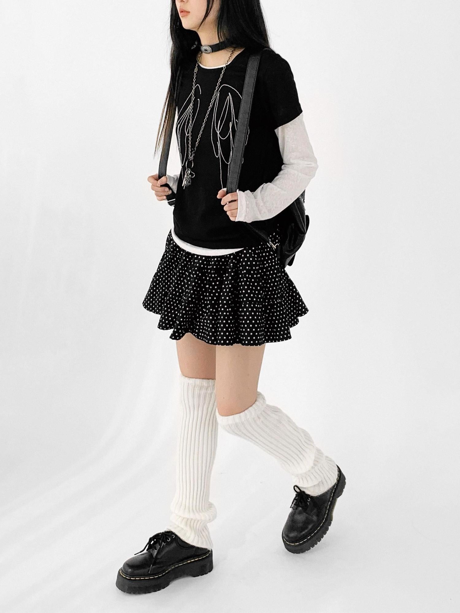 innomoood Starry Dot Print Tiered Tulle Skirt