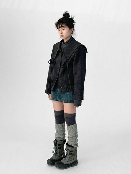 innomoood Stone Skipping Embroidered Star Wool Blend Pea Coat