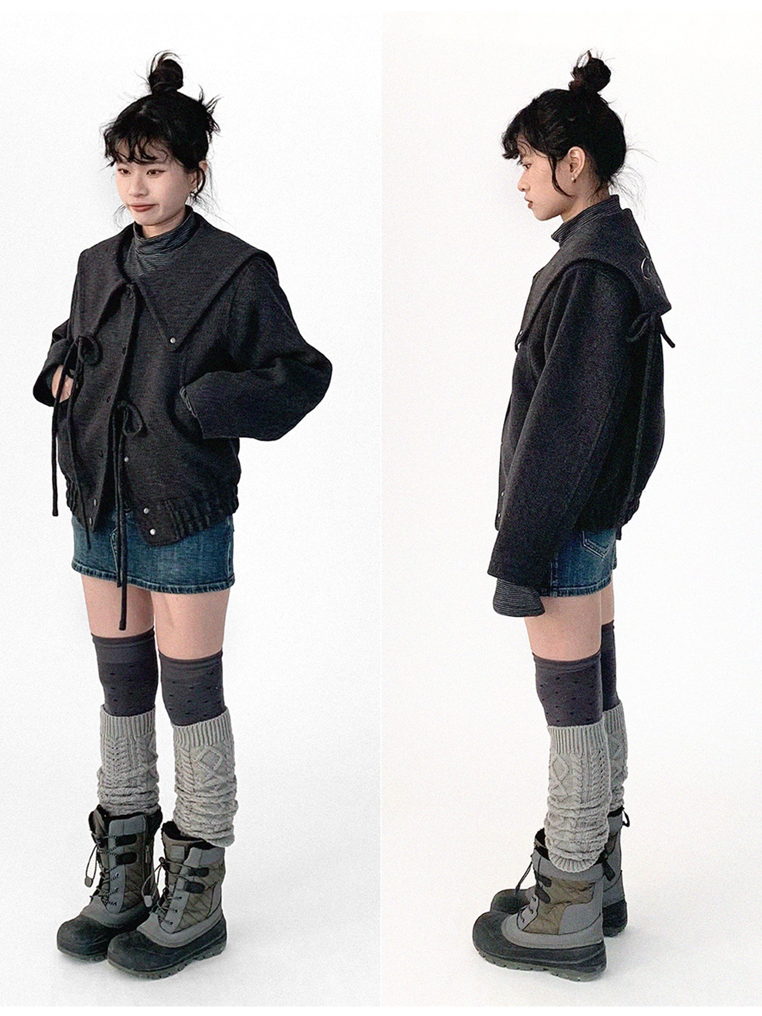 innomoood Stone Skipping Embroidered Star Wool Blend Pea Coat