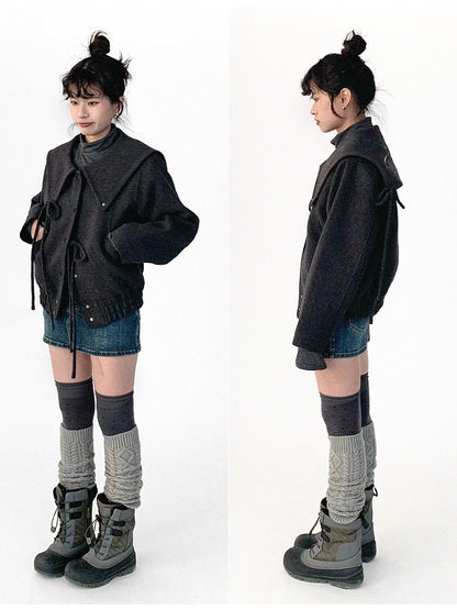 innomoood Stone Skipping Embroidered Star Wool Blend Pea Coat