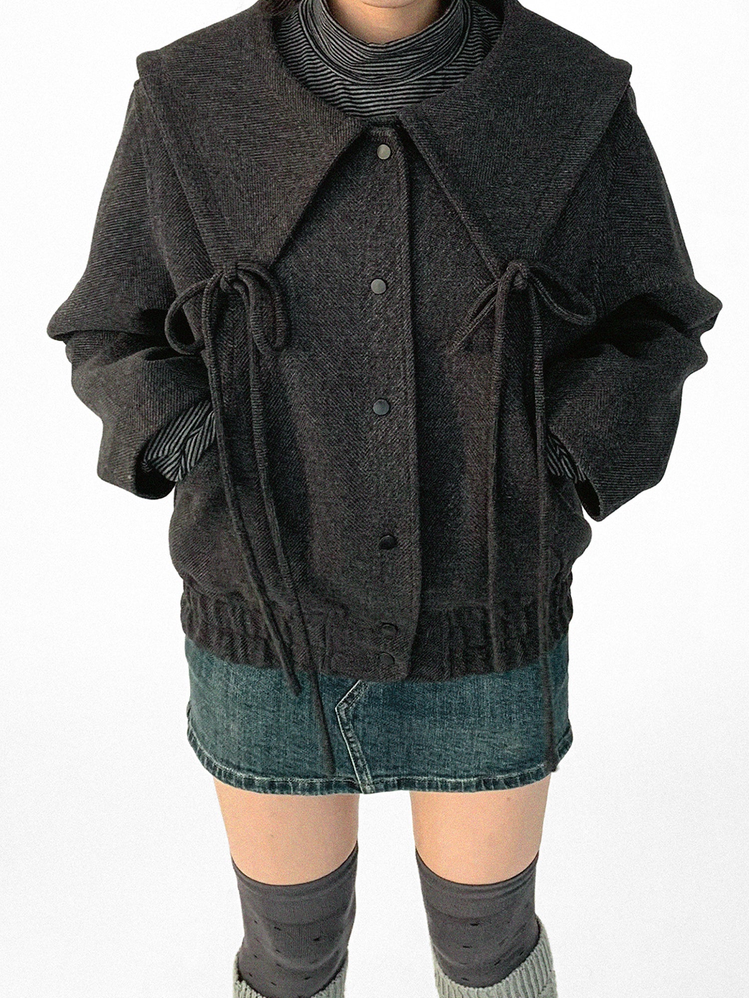innomoood Stone Skipping Embroidered Star Wool Blend Pea Coat