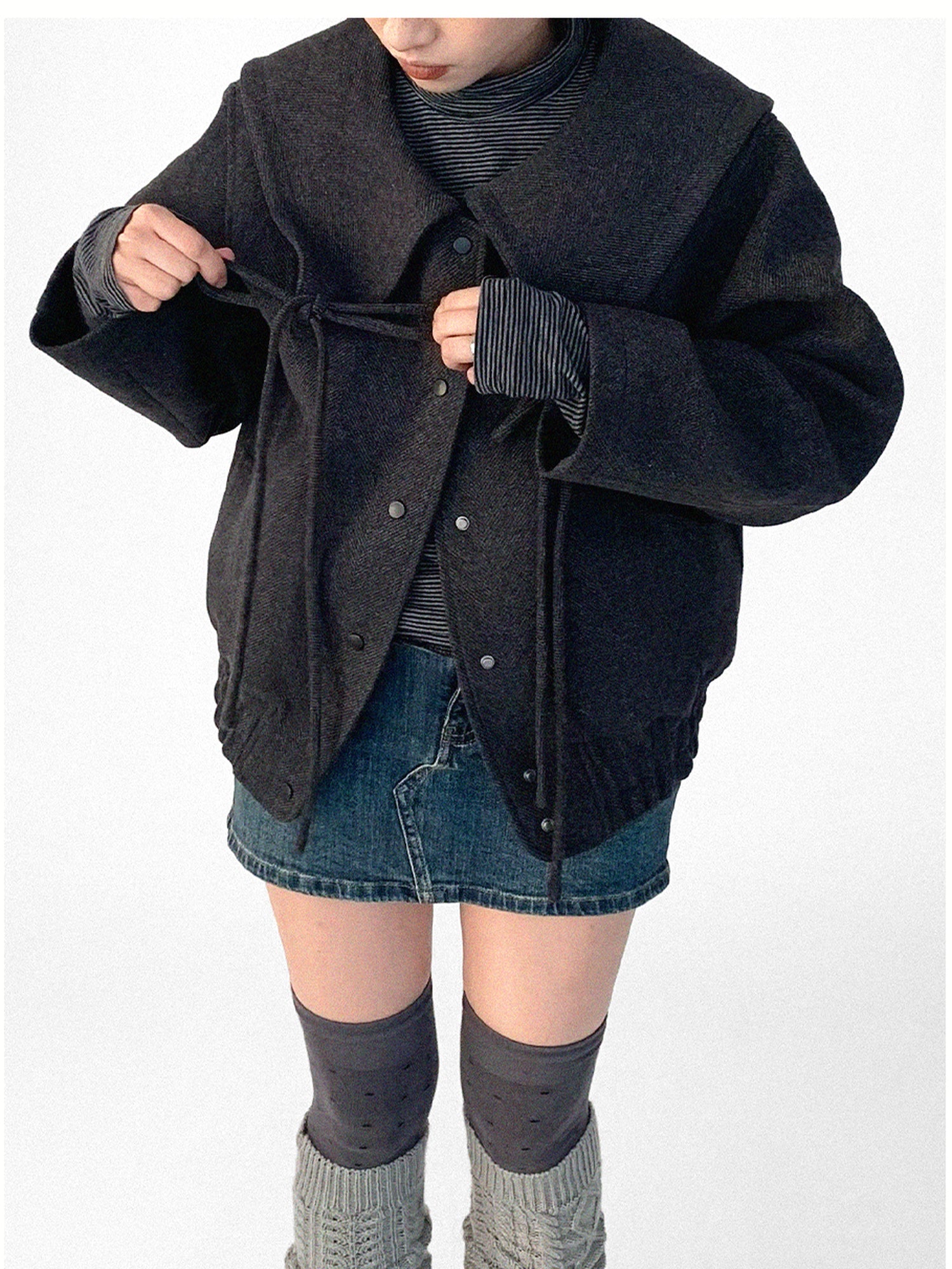 innomoood Stone Skipping Embroidered Star Wool Blend Pea Coat