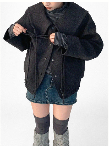 innomoood Stone Skipping Embroidered Star Wool Blend Pea Coat