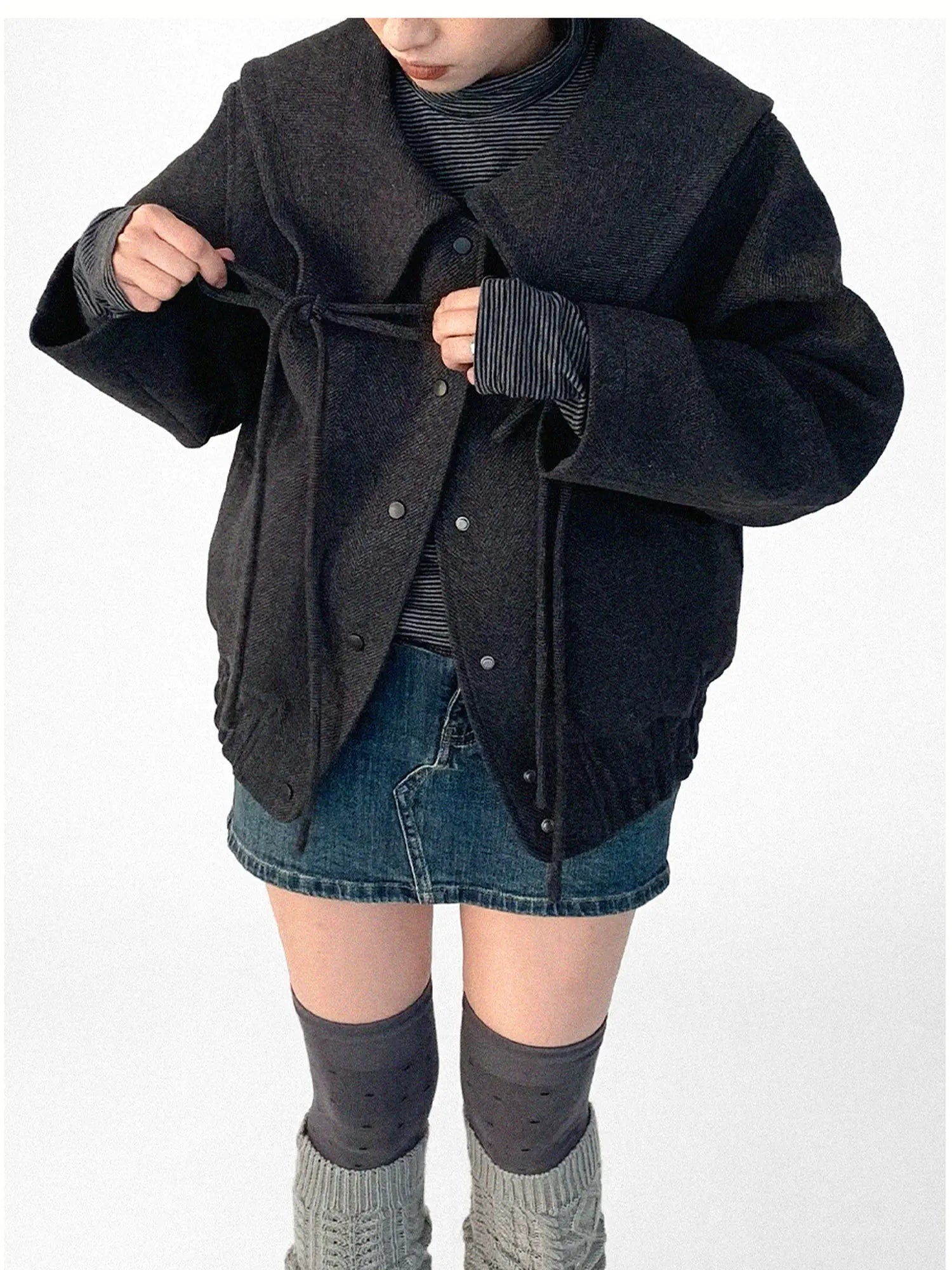 Stone Skipping Embroidered Star Wool Blend Pea Coat