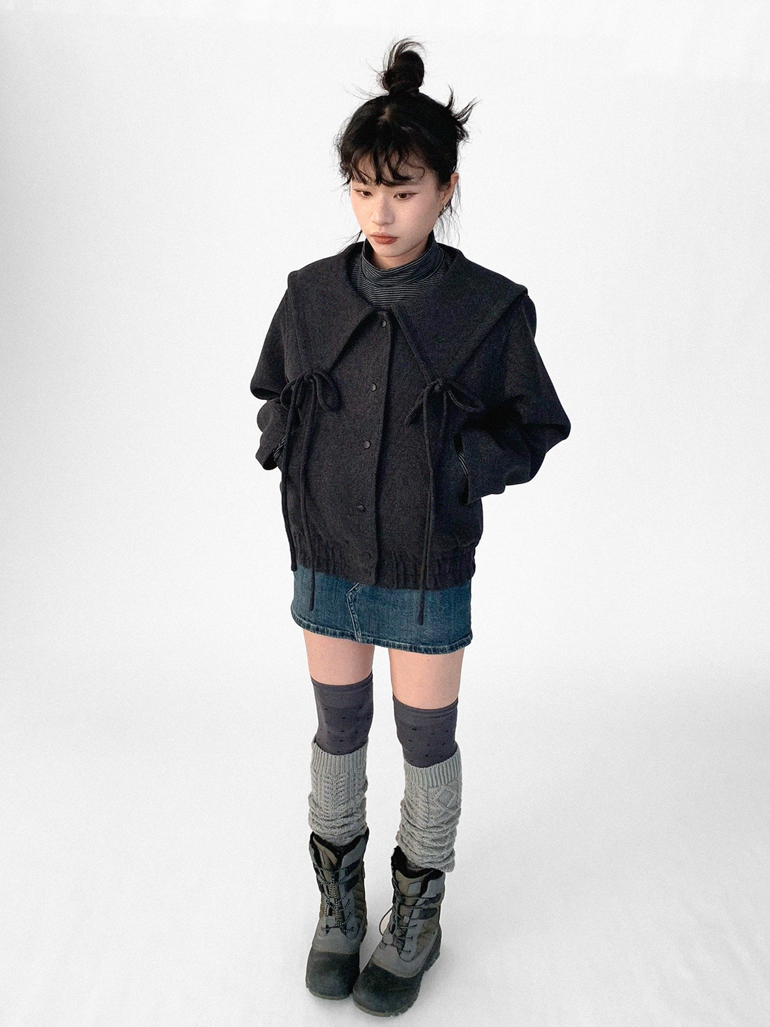innomoood Stone Skipping Embroidered Star Wool Blend Pea Coat