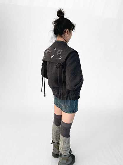 innomoood Stone Skipping Embroidered Star Wool Blend Pea Coat