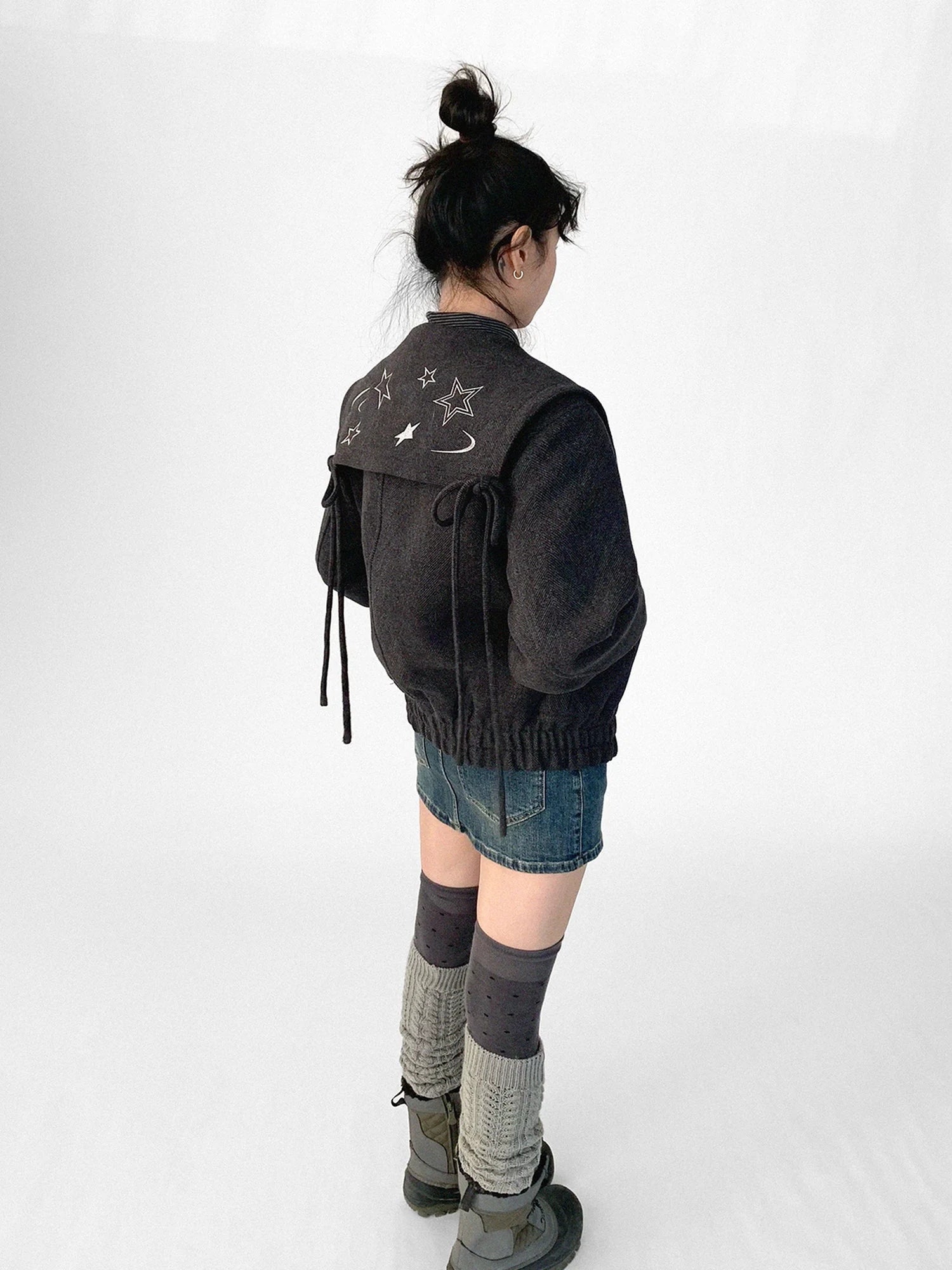 Stone Skipping Embroidered Star Wool Blend Pea Coat