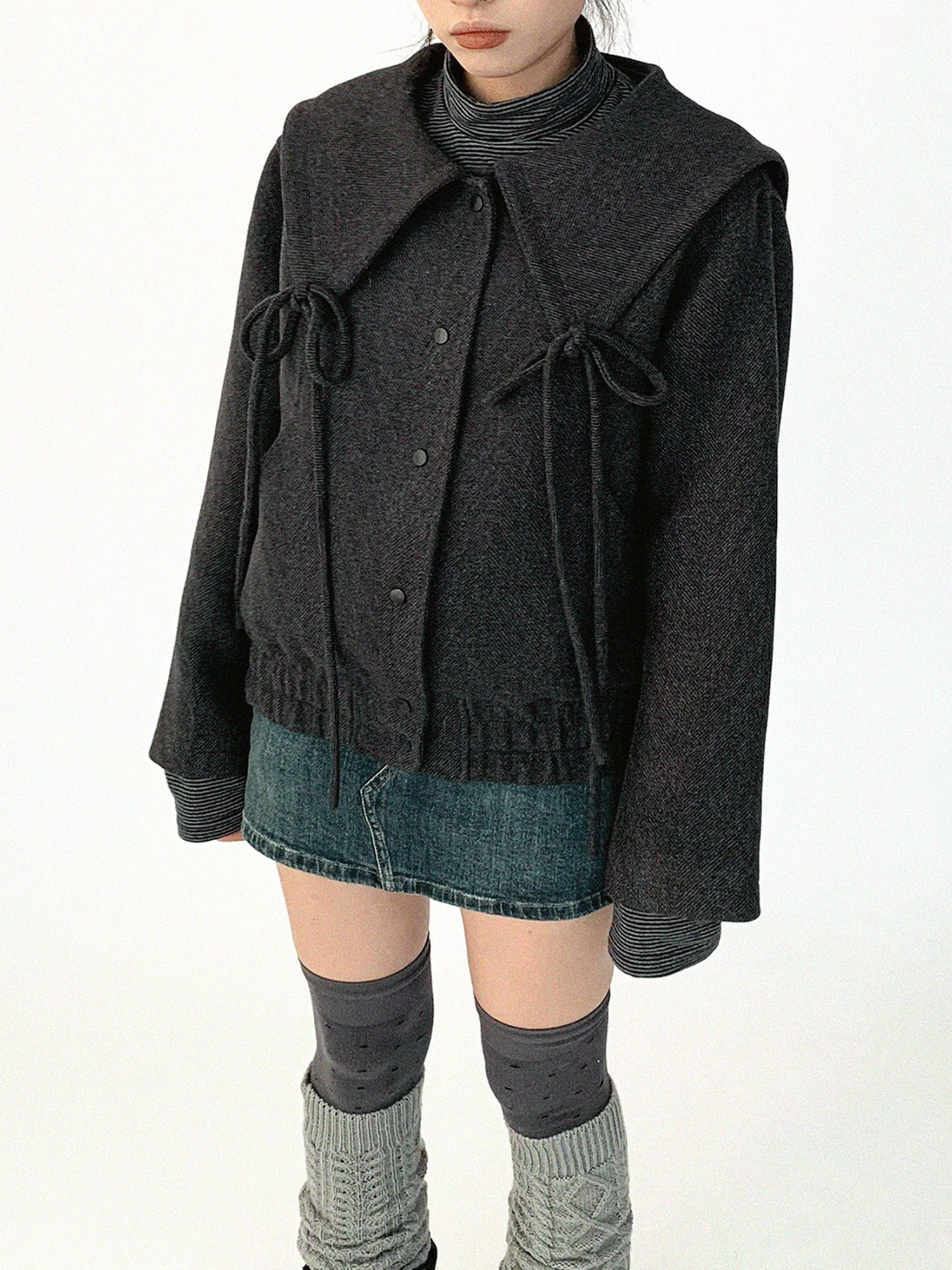 innomoood Stone Skipping Embroidered Star Wool Blend Pea Coat