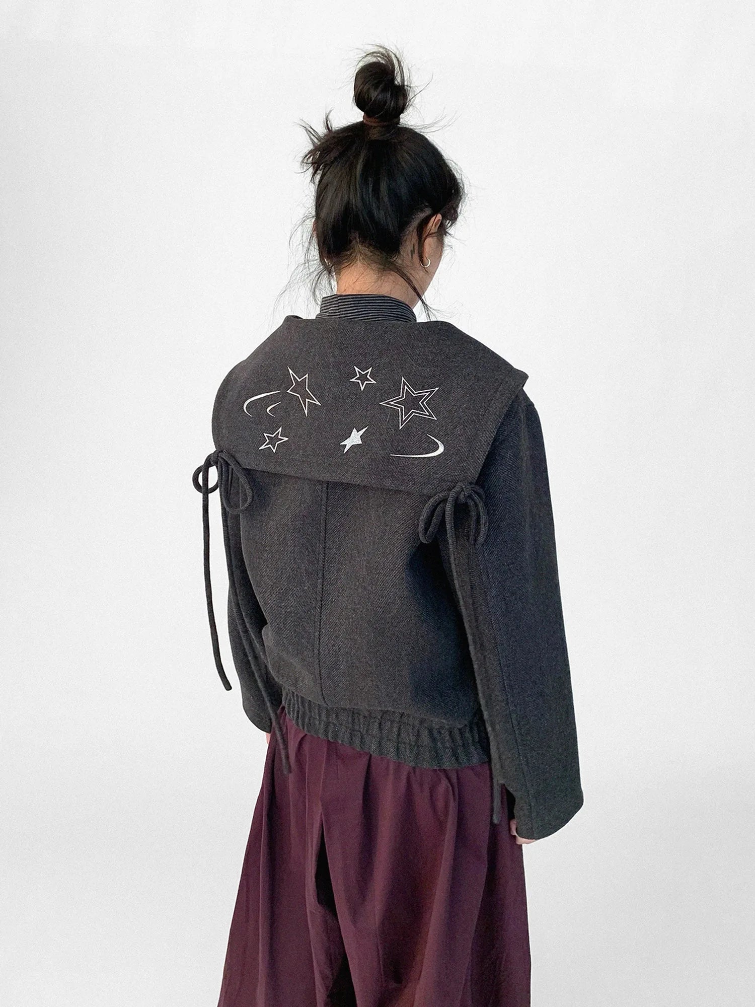 Stone Skipping Embroidered Star Wool Blend Pea Coat