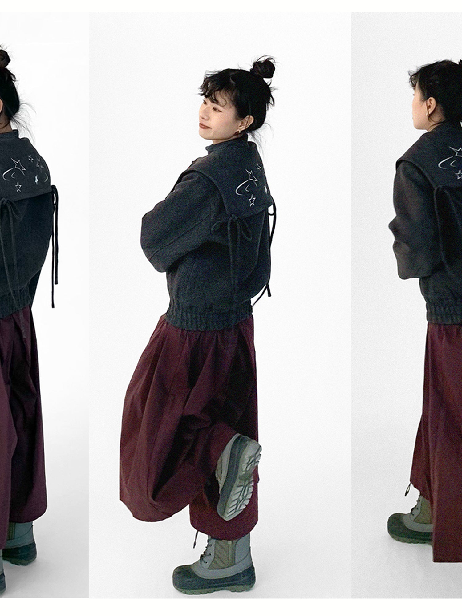 innomoood Stone Skipping Embroidered Star Wool Blend Pea Coat
