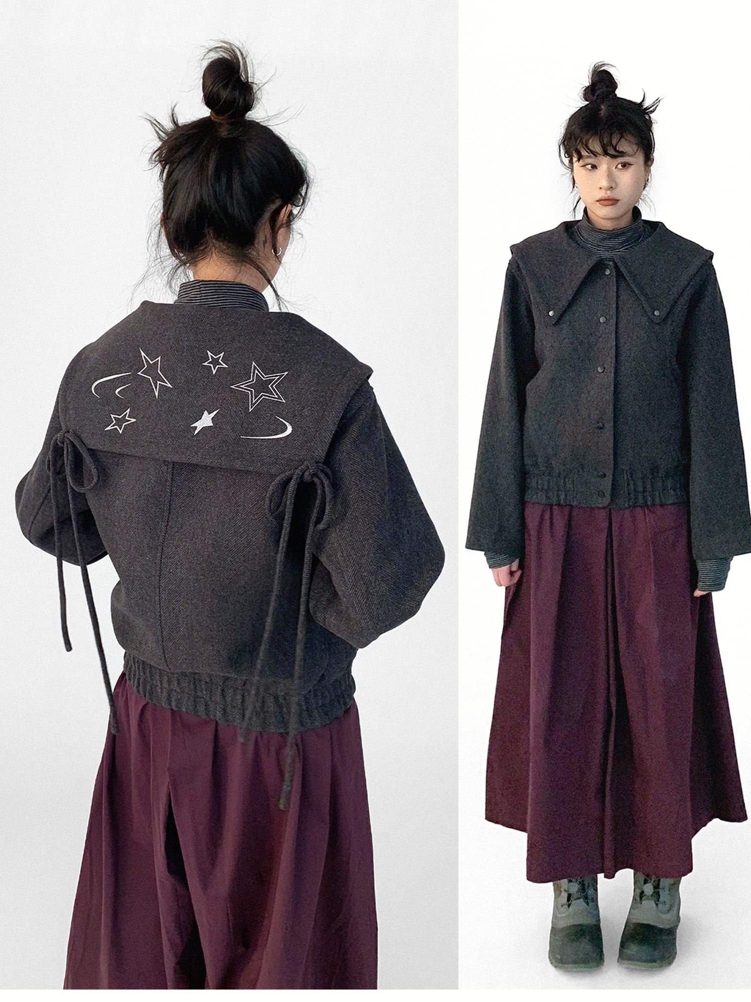innomoood Stone Skipping Embroidered Star Wool Blend Pea Coat